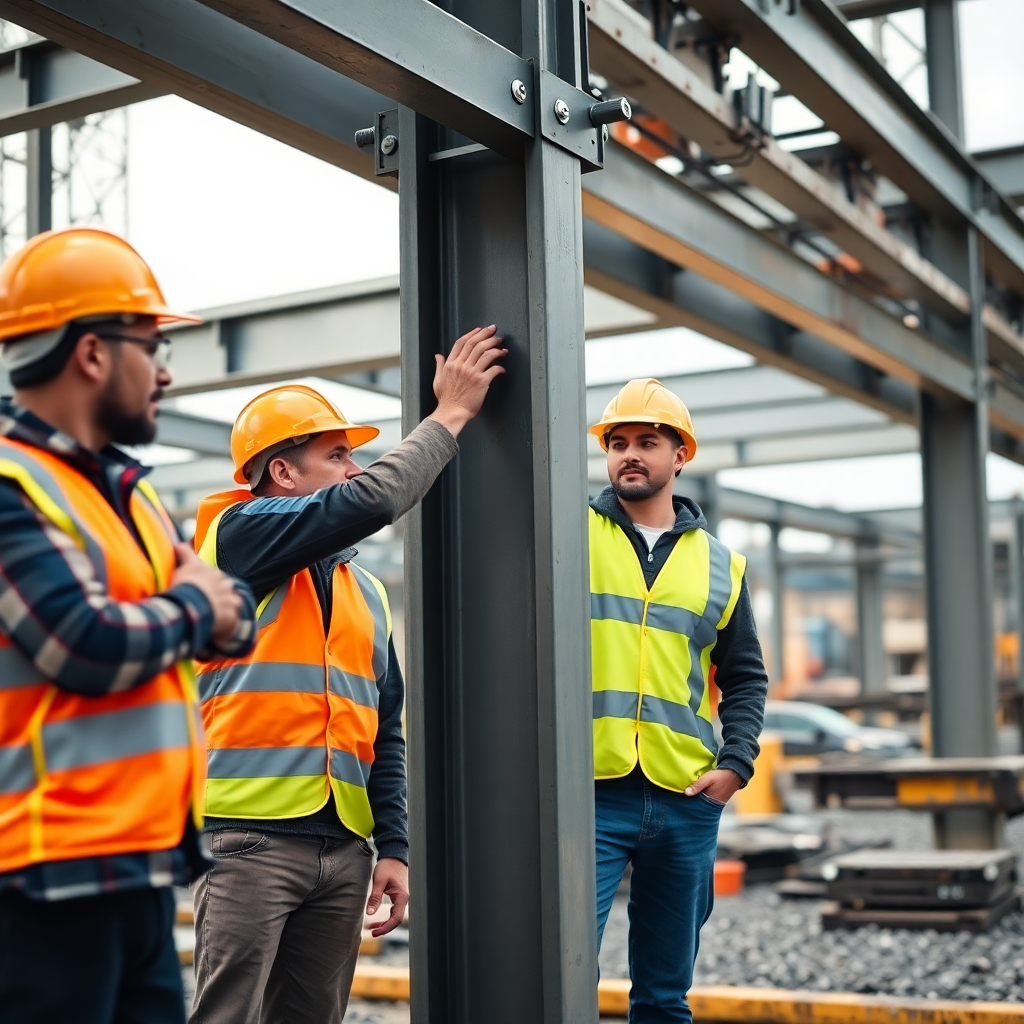 professional construction team assembling steel structure, workers in safety gear with hard hats, industrial construction site with steel beams and bolting equipment, high quality industrial photography