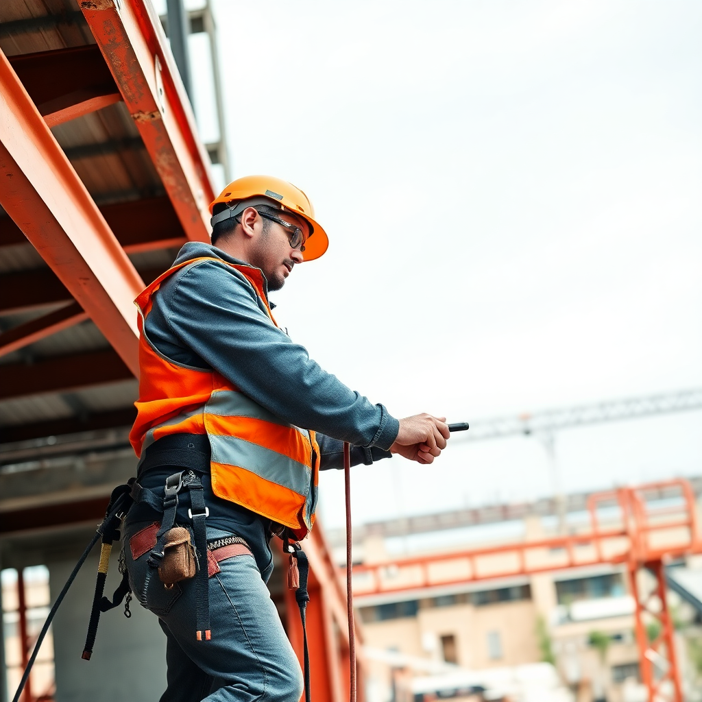 construction worker in safety gear working on steel structure assembly at height, industrial construction site, professional safety equipment